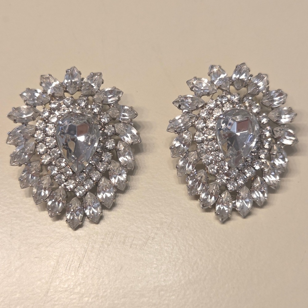 Silver Tone Crystal Cluster Rhinestone Statement Earrings Pear Shape Studs